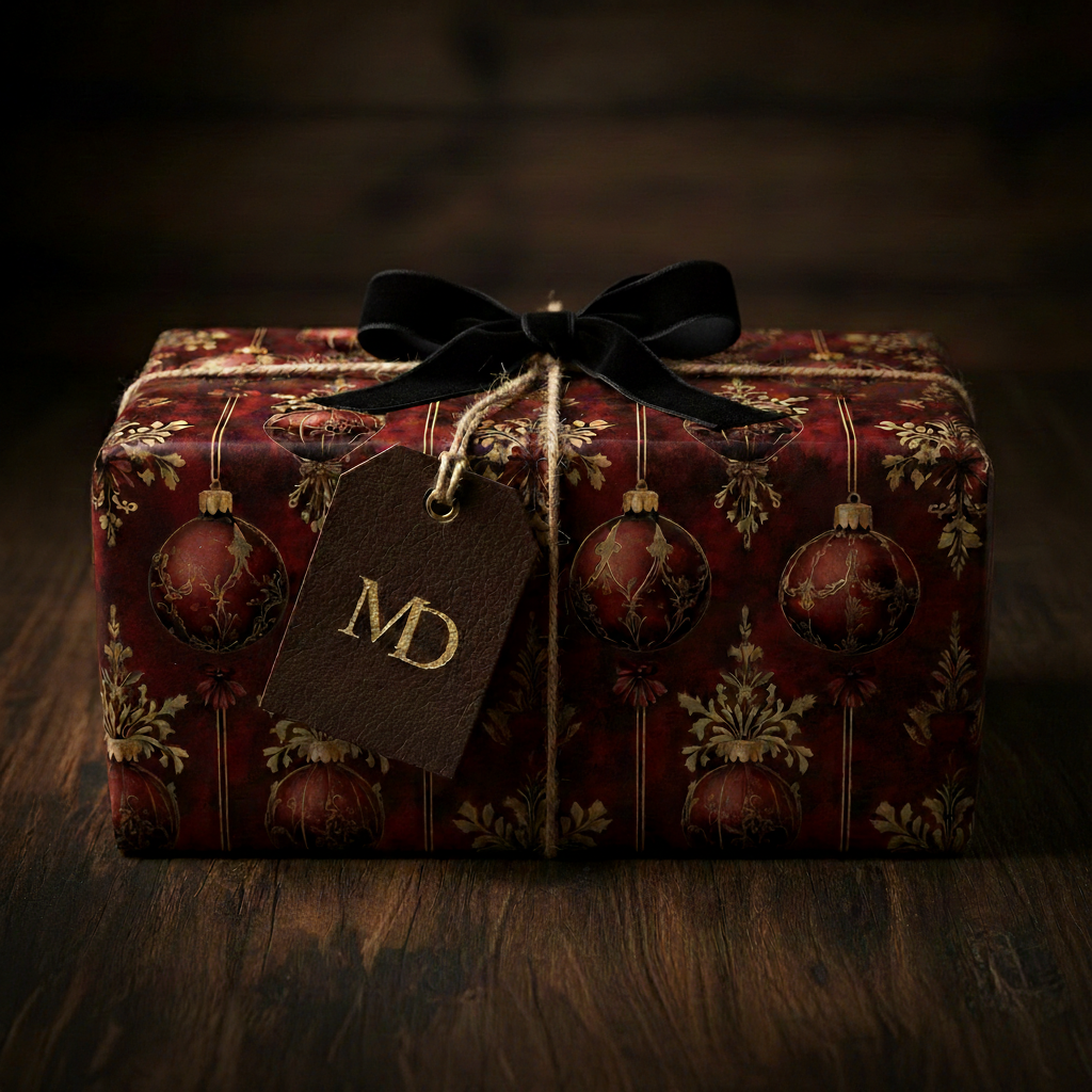 Elegant Christmas gift wrap with vintage ornament pattern, black velvet ribbon, and personalized leather tag.