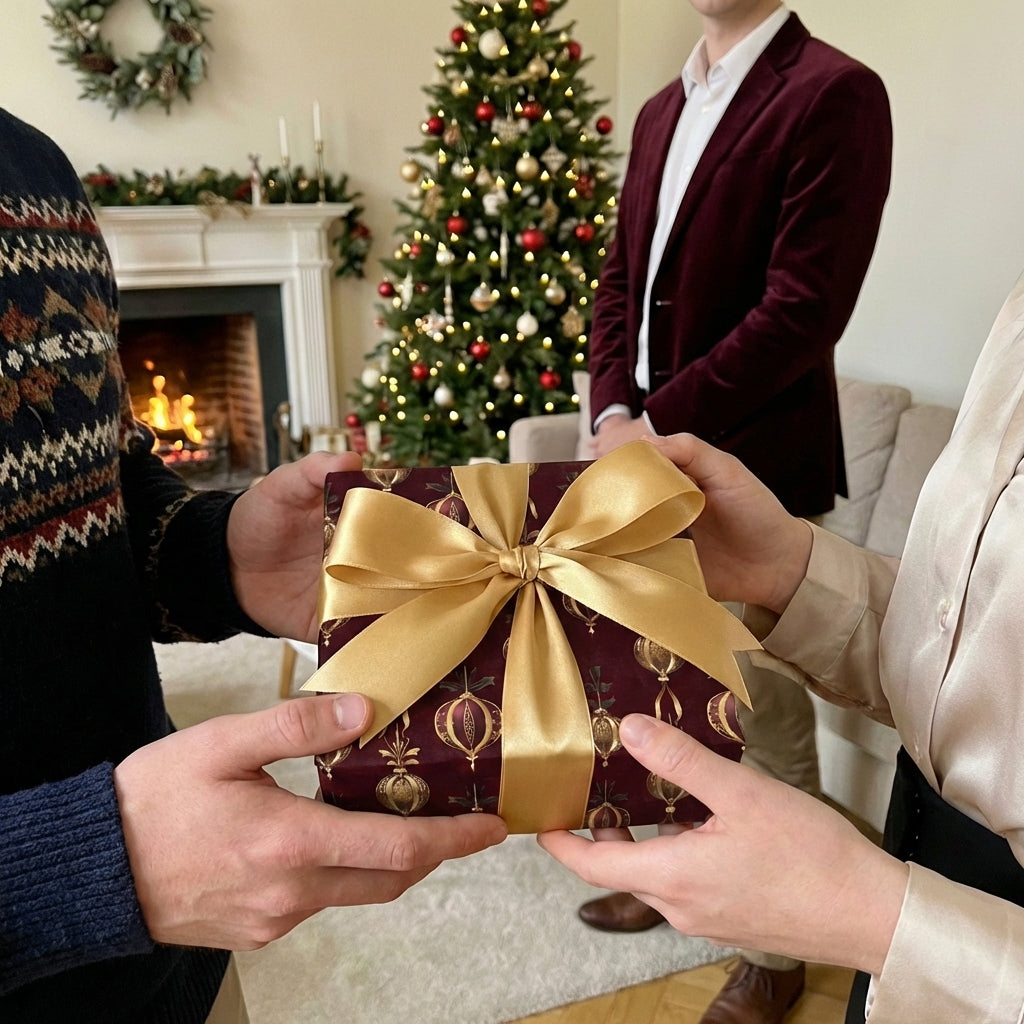 Burgundy Christmas gift wrap with gold ornaments and satin bow being exchanged.