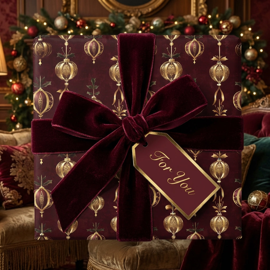Burgundy Christmas gift wrap with gold ornament pattern and velvet bow; "For You" tag.