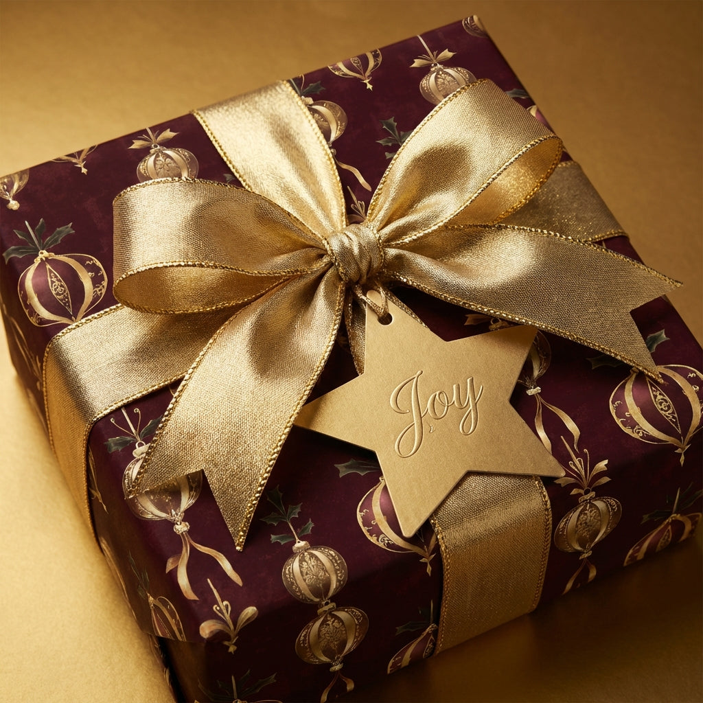Elegant burgundy Christmas wrapping paper with gold ribbon, bow, and "Joy" tag.