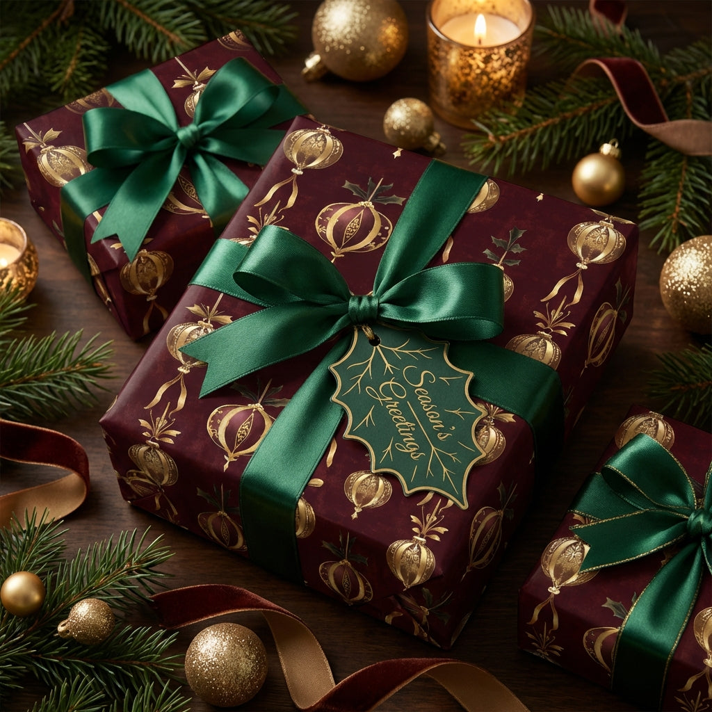 Elegant Christmas gift wrap from Wrapped Studios with green satin ribbon on a wooden table.