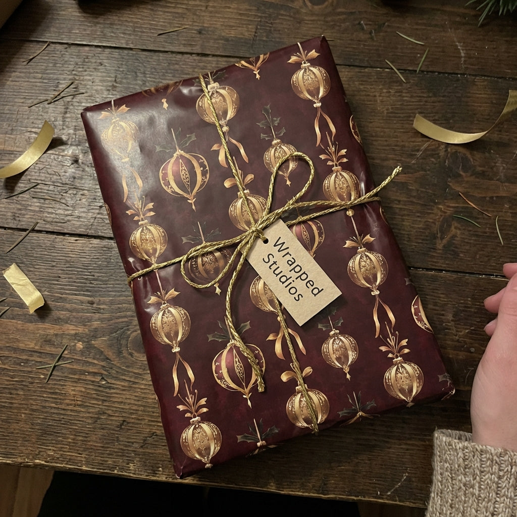 Burgundy Christmas gift wrap from Wrapped Studios with a gold ornament pattern and twine bow.