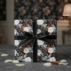 Elegant gift wrapped in black floral wrapping paper with a black satin ribbon.
