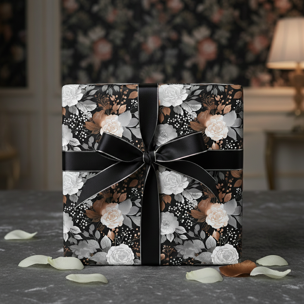 Elegant gift wrapped in black floral wrapping paper with a black satin ribbon.