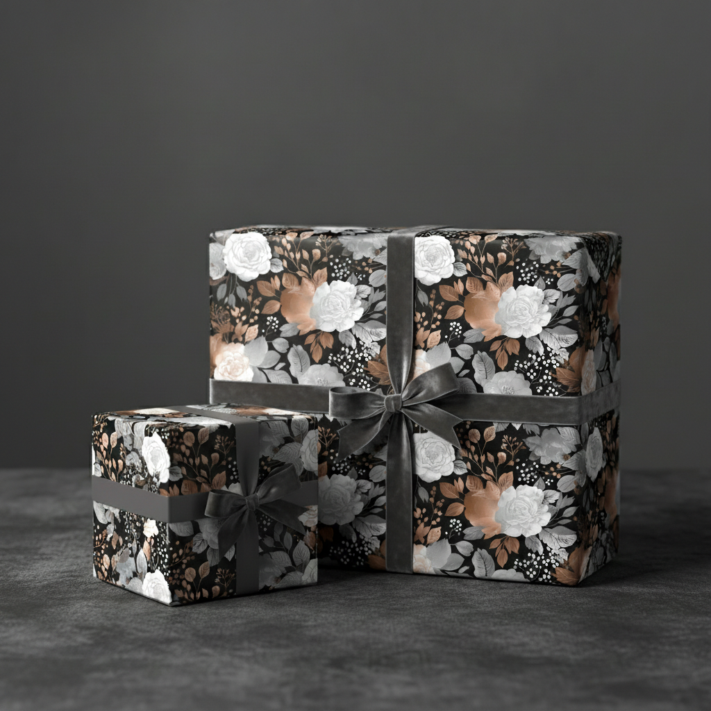 Elegant floral wrapping paper in black, white and copper with gray velvet ribbons, perfect for luxury gift wrap.