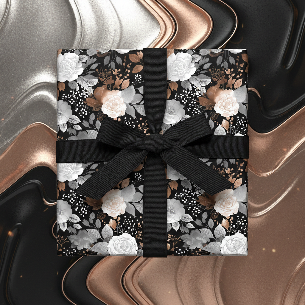 Elegant floral wrapping paper with black ribbon on a gift box, perfect for sophisticated gift-giving.