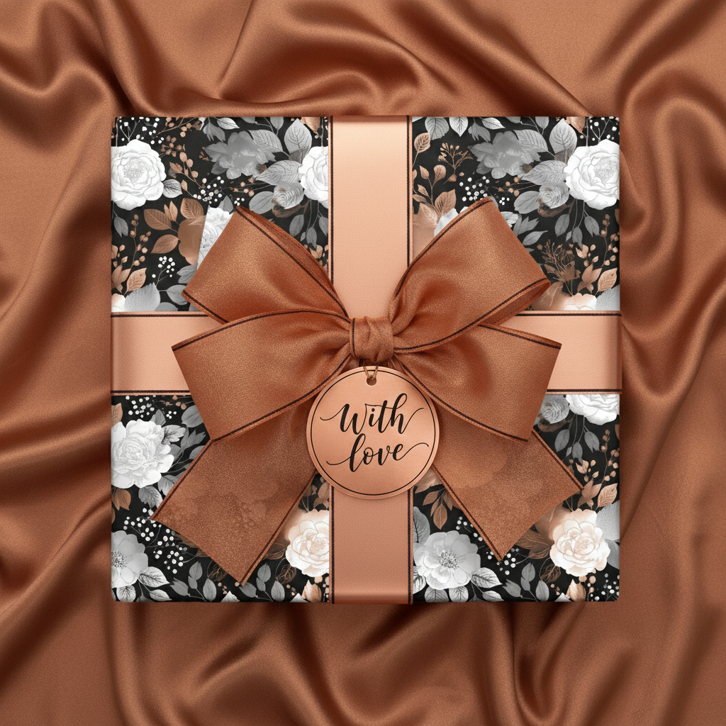 Elegant floral wrapping paper with copper ribbon, "With Love" tag, and silky bronze background.