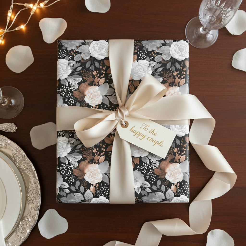 Elegant wedding gift wrapped in floral wrapping paper with a cream ribbon and tag reading "To the happy couple."