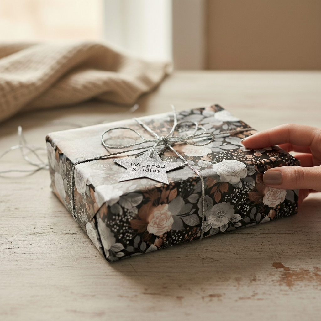 Elegant gift wrapped in floral wrapping paper with silver twine and star tag on a white wood surface.