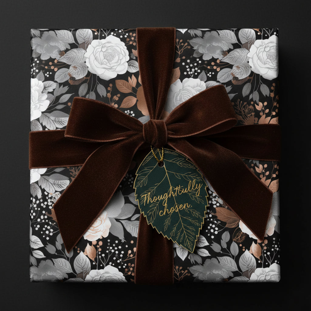 Elegant floral wrapping paper with brown velvet ribbon, perfect for luxury gift wrap.