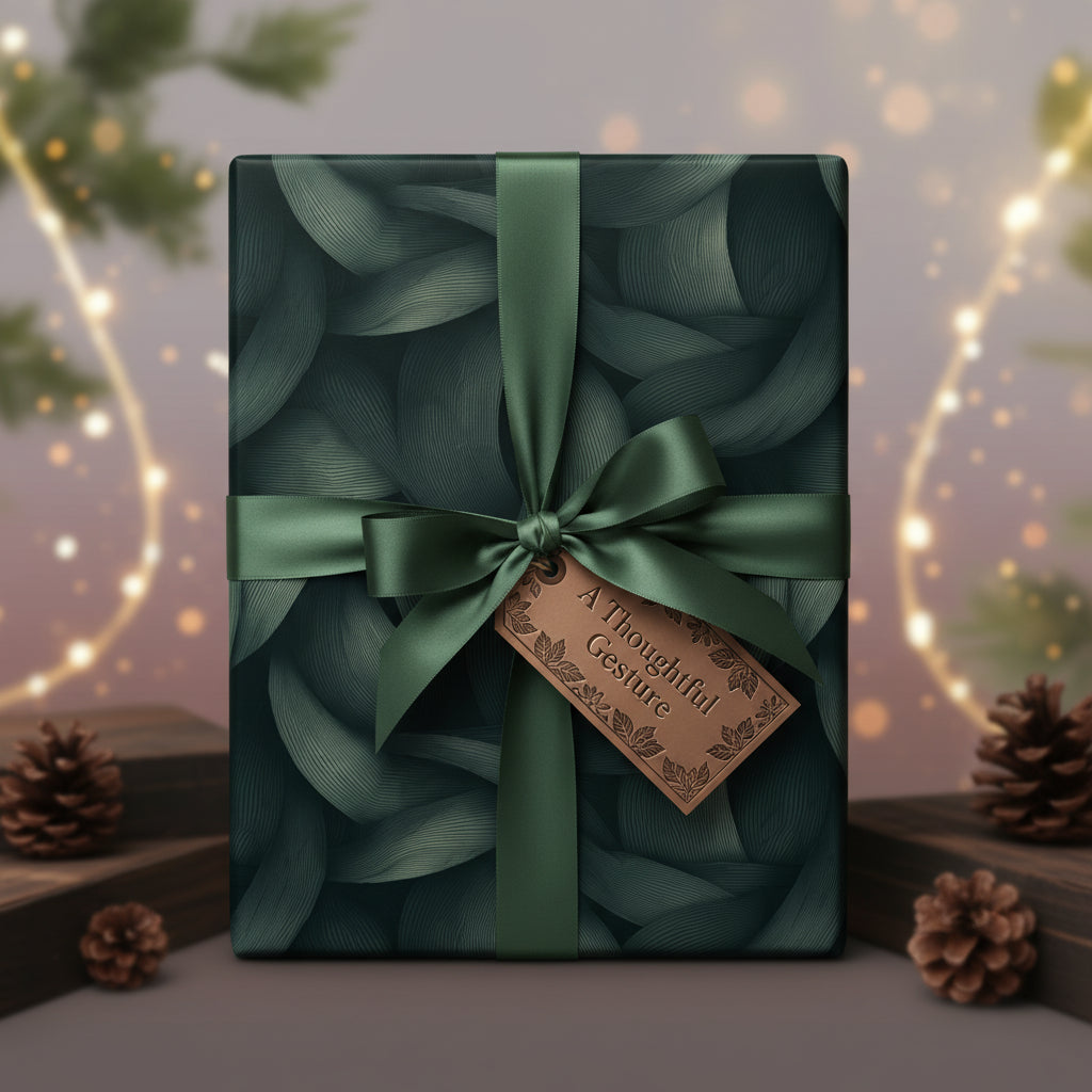 Elegant Christmas gift wrapped in green floral wrapping paper with satin ribbon and a "Thoughtful Gesture" tag.