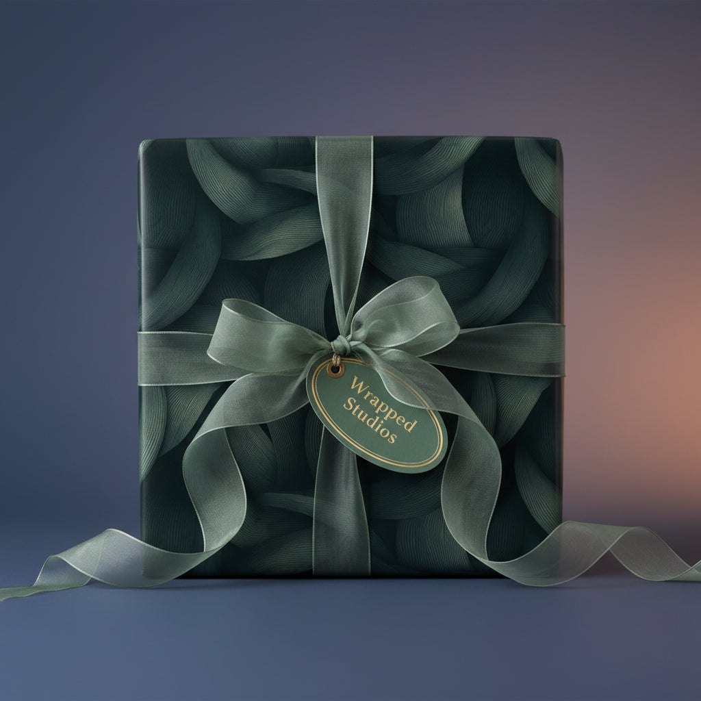Elegant dark green gift wrapped with botanical pattern paper and sheer ribbon bow.