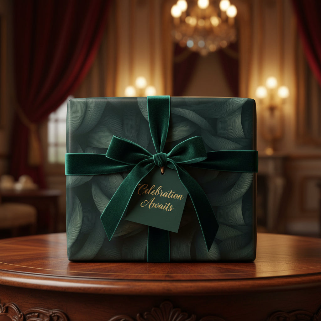 Elegant abstract leaf wrapping paper with a velvet ribbon and "Celebration Awaits" tag.