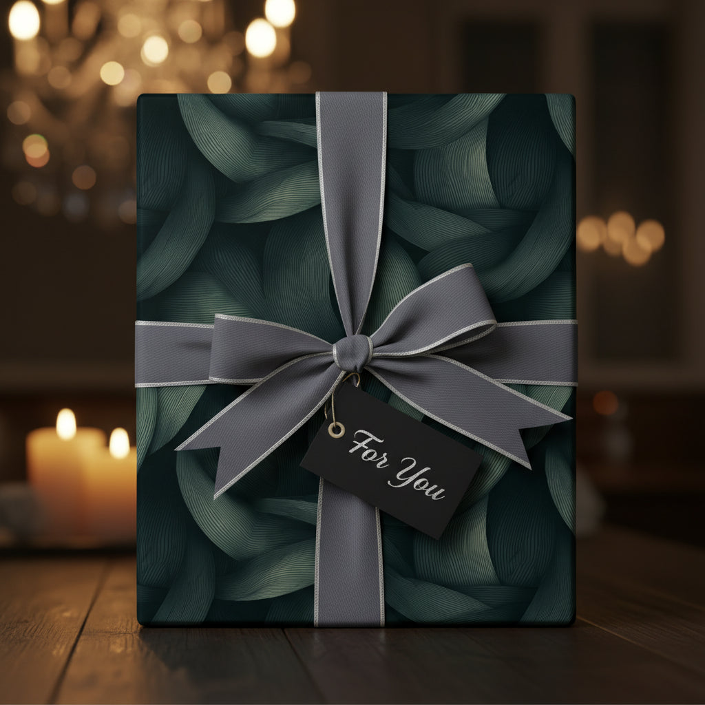 Elegant gift wrapped in dark green floral wrapping paper with a grey ribbon and a "For You" tag.