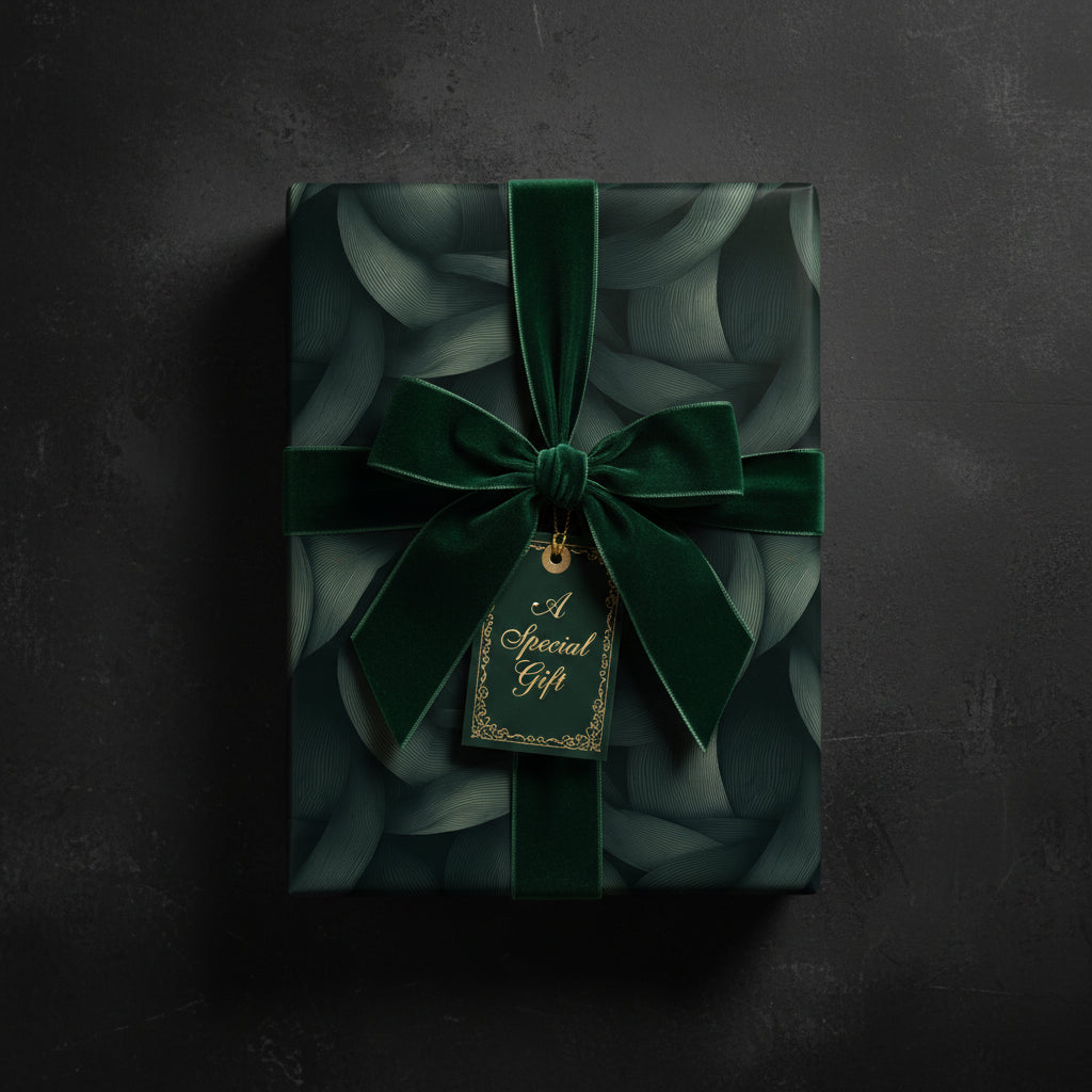 Elegant gift wrapped in dark green botanical print paper with velvet ribbon and "A Special Gift" tag.