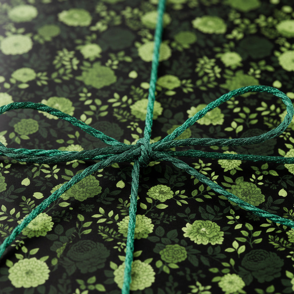Close-up of a gift wrapped in green floral wrapping paper with a matching green string bow.
