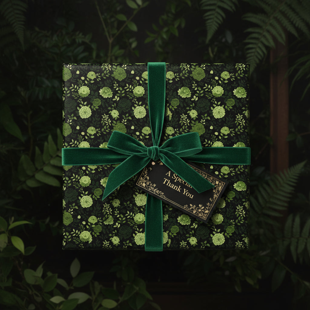 Elegant gift wrapped in floral wrapping paper with green velvet ribbon and "Thank You" tag.