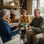 Senior couple exchanging a gift wrapped in green floral wrapping paper with a soft green ribbon.