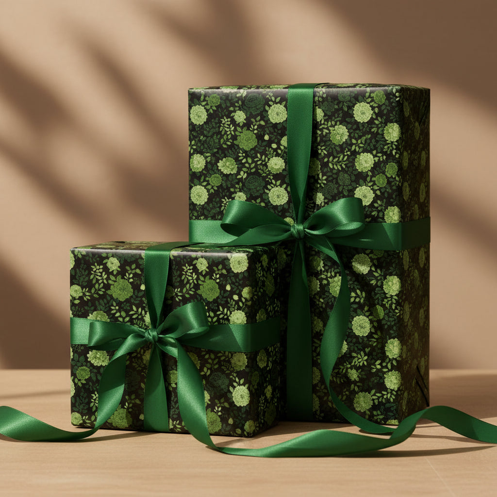 Two gifts wrapped in elegant floral wrapping paper with dark green ribbons.