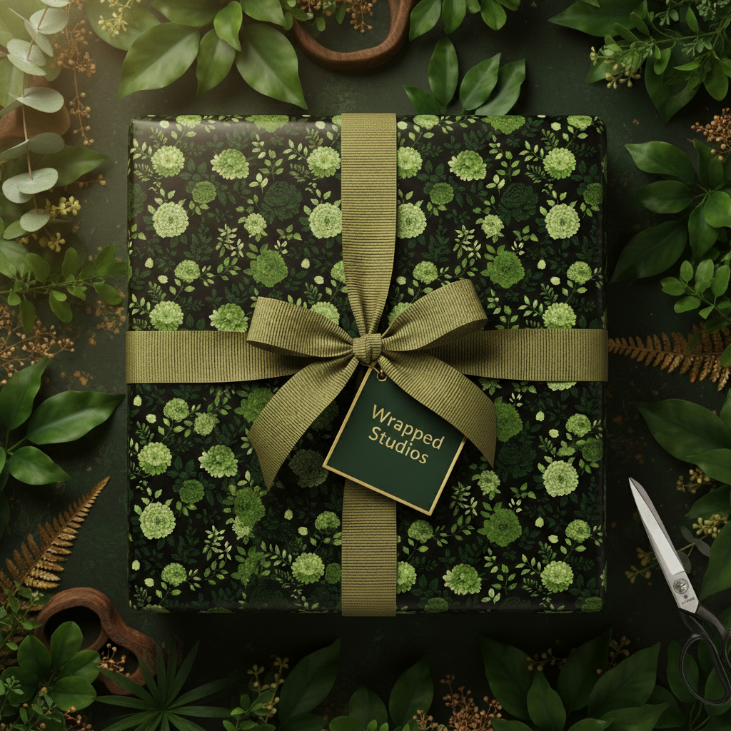 Elegant gift wrapped in dark floral wrapping paper with green ribbon and foliage accents.