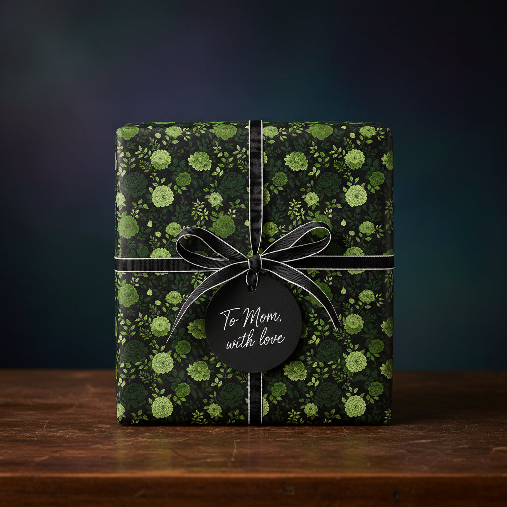 Dark floral wrapping paper with black ribbon and "To Mom, with love" tag.