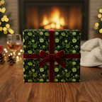 Elegant Christmas gift wrapped in green floral wrapping paper with a red velvet ribbon and bow.
