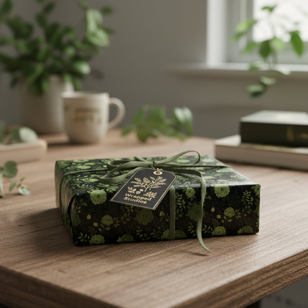 Elegant floral wrapping paper in green hues, tied with a satin ribbon and gift tag.