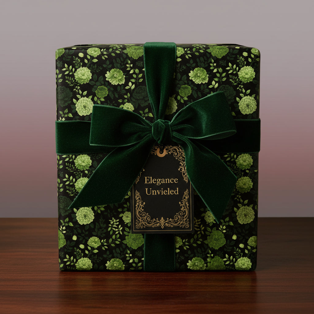 Elegant floral wrapping paper with velvet green ribbon on a gift box.
