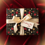 Elegant gift wrapped in modern polka dot wrapping paper with gold ribbon on red satin, "Wishing You Joy" tag.