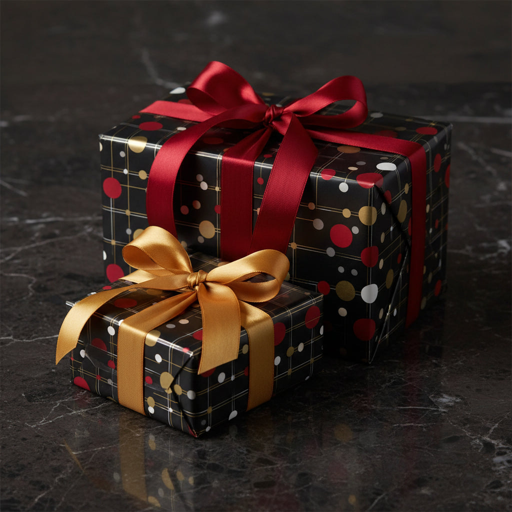 Two gifts wrapped in black wrapping paper with red and gold dots and coordinating ribbons.