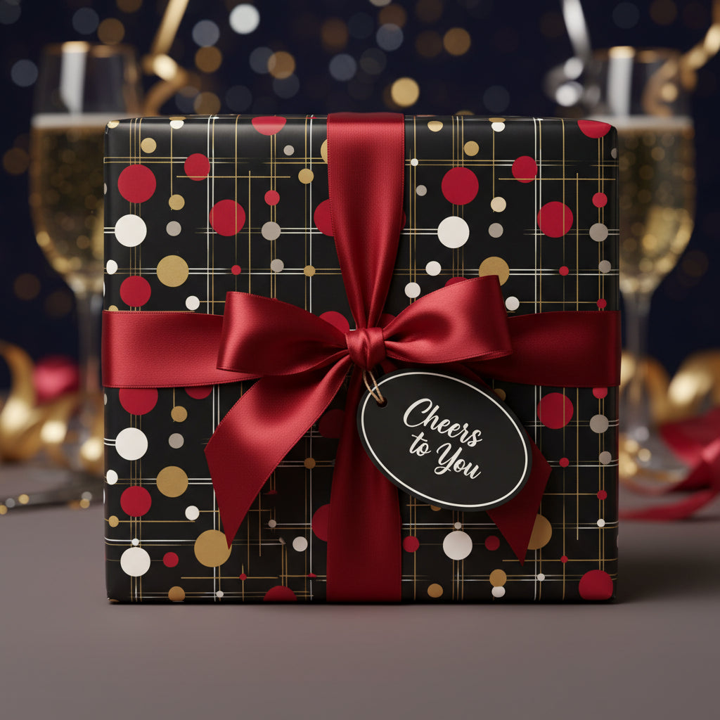 Elegant black wrapping paper with red bow and "Cheers to You" tag, perfect for a celebratory gift.