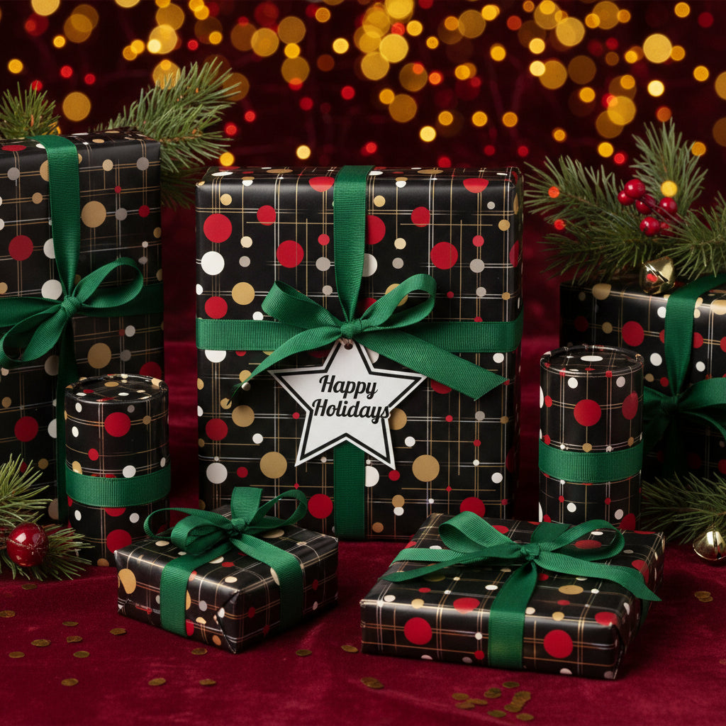 Black Christmas gift wrap with red and gold polka dot pattern, green ribbon, and "Happy Holidays" tag.