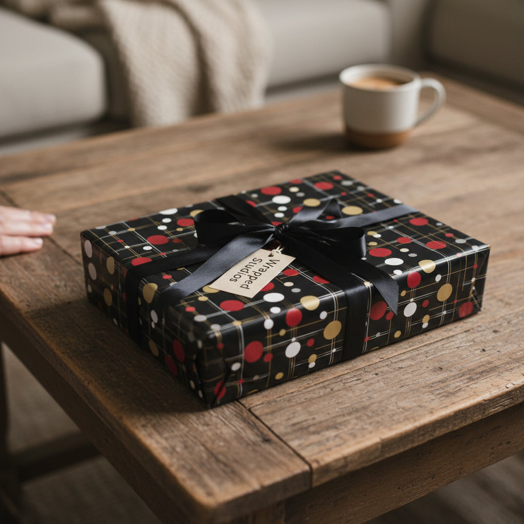Modern gift wrapped in black wrapping paper with red, gold, and white dot pattern and black ribbon on wooden table.