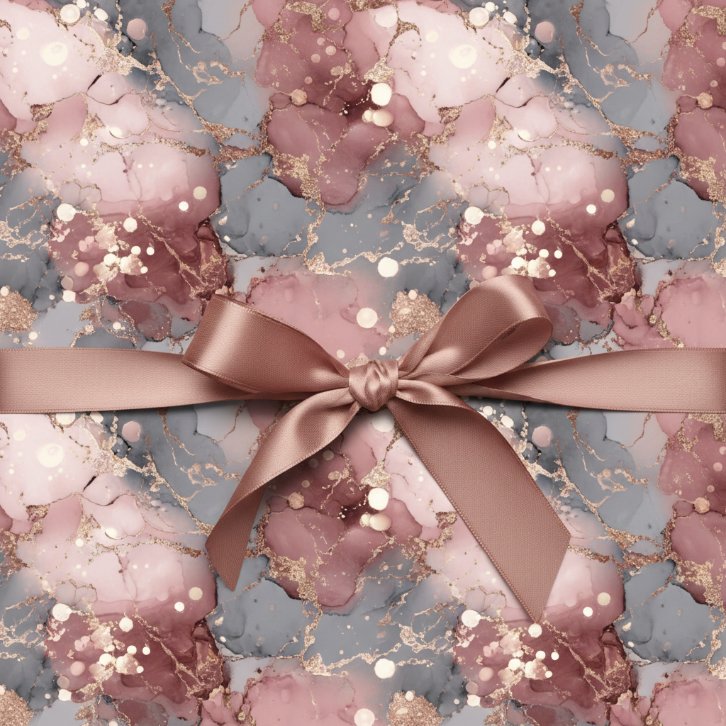 Elegant rose gold and gray marble luxury wrapping paper with a satin ribbon bow, perfect for a chic birthday or wedding gift.