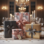 Luxury gift wrapping paper with a pink marble and gold glitter design, tied with a satin ribbon, on a festive dining table.