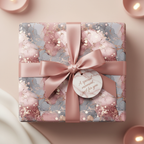 Luxury pink and gray marble gift wrap with glitter accents, satin ribbon, and a "special moment" tag, perfect for a wedding or birthday.
