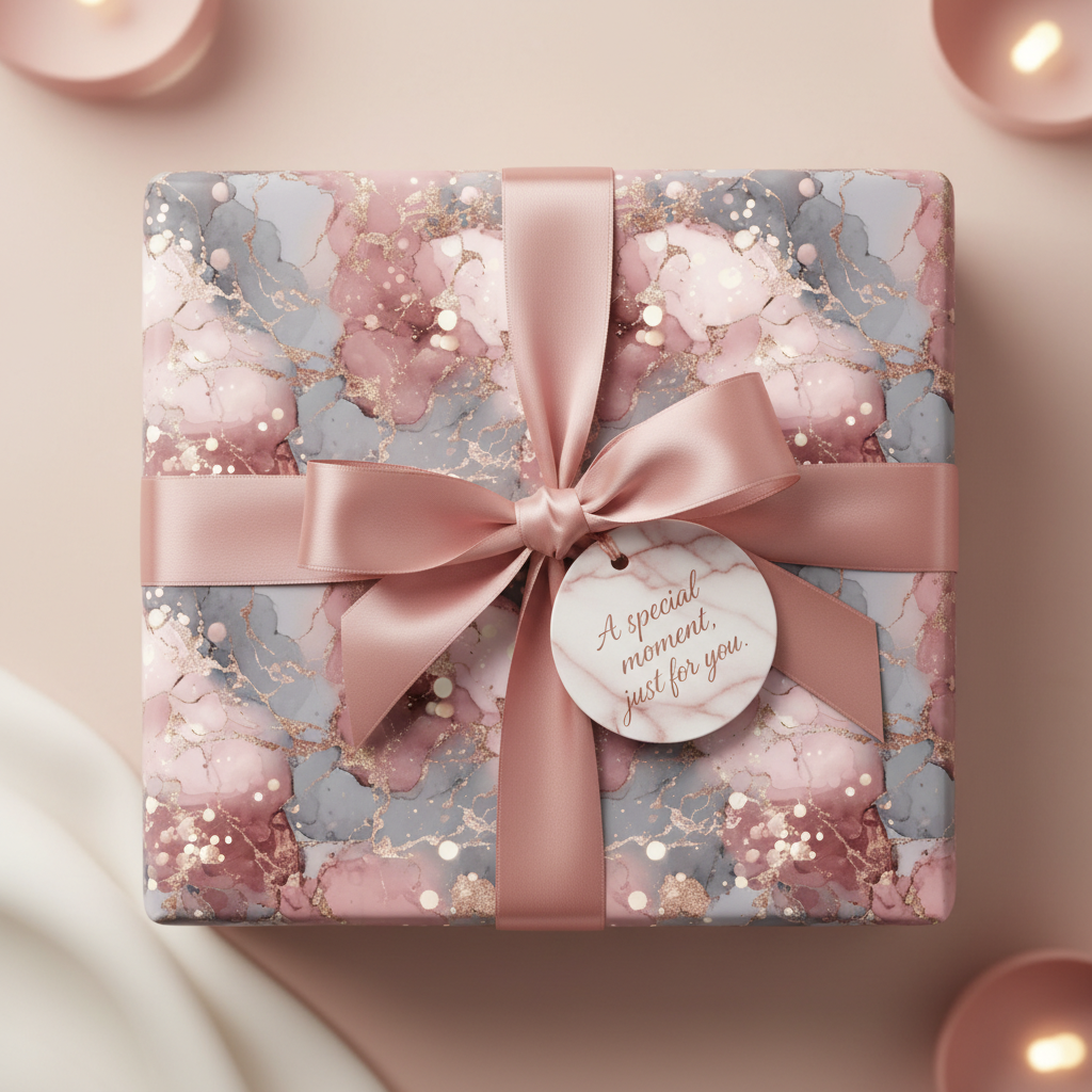 Luxury pink and gray marble gift wrap with glitter accents, satin ribbon, and a "special moment" tag, perfect for a wedding or birthday.