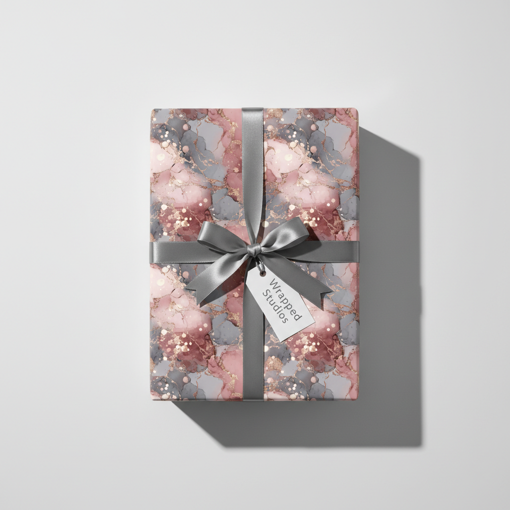 Luxury marble wrapping paper in pink, grey, and gold with a grey ribbon and gift tag, perfect for elegant gifts.