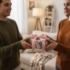 Young man gifting a floral-patterned present with a pink ribbon to a woman, creating a joyful moment in a cozy home setting.