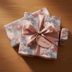 Elegant pink and gray marble luxury wrapping paper with rose gold ribbon and a gift tag, perfect for weddings or special occasions.