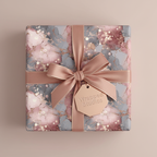 Luxury pink and grey marble wrapping paper with gold accents and a satin rose gold ribbon and gift tag for elegant presents.