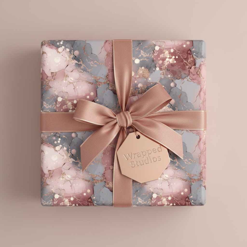 Luxury pink and grey marble wrapping paper with gold accents and a satin rose gold ribbon and gift tag for elegant presents.