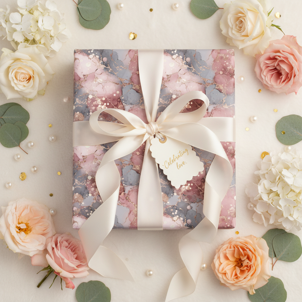Luxury marble wrapping paper in blush pink and gray with gold accents, tied with a cream satin ribbon and "Celebrating Love" tag, surrounded by roses and pearls for elegant wedding or bridal shower gifts.