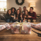 Luxury rose gold marble wrapping paper with glitter ribbon on a rustic wood table, perfect for elegant holiday or birthday gifts.