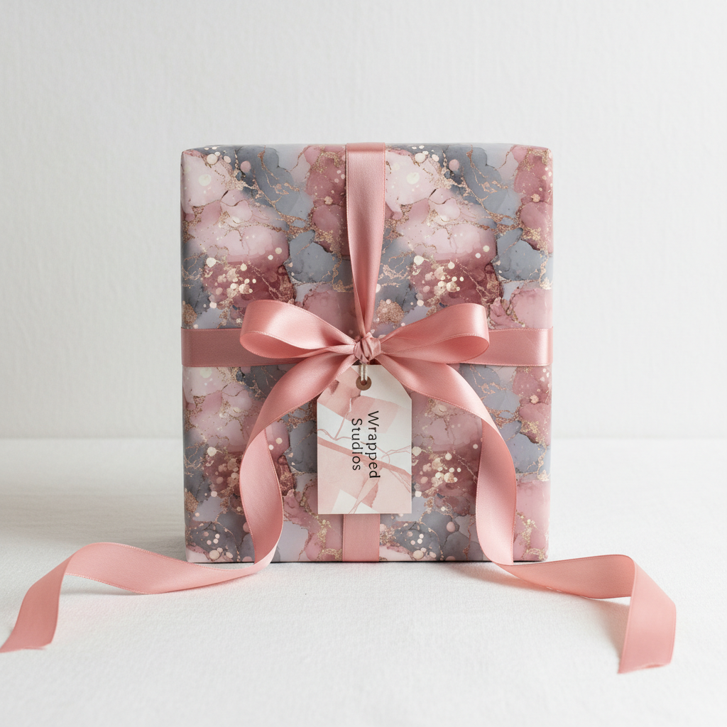 Pink and gray marble luxury gift wrap with gold accents, tied with a satin pink ribbon and gift tag, ideal for elegant occasions.