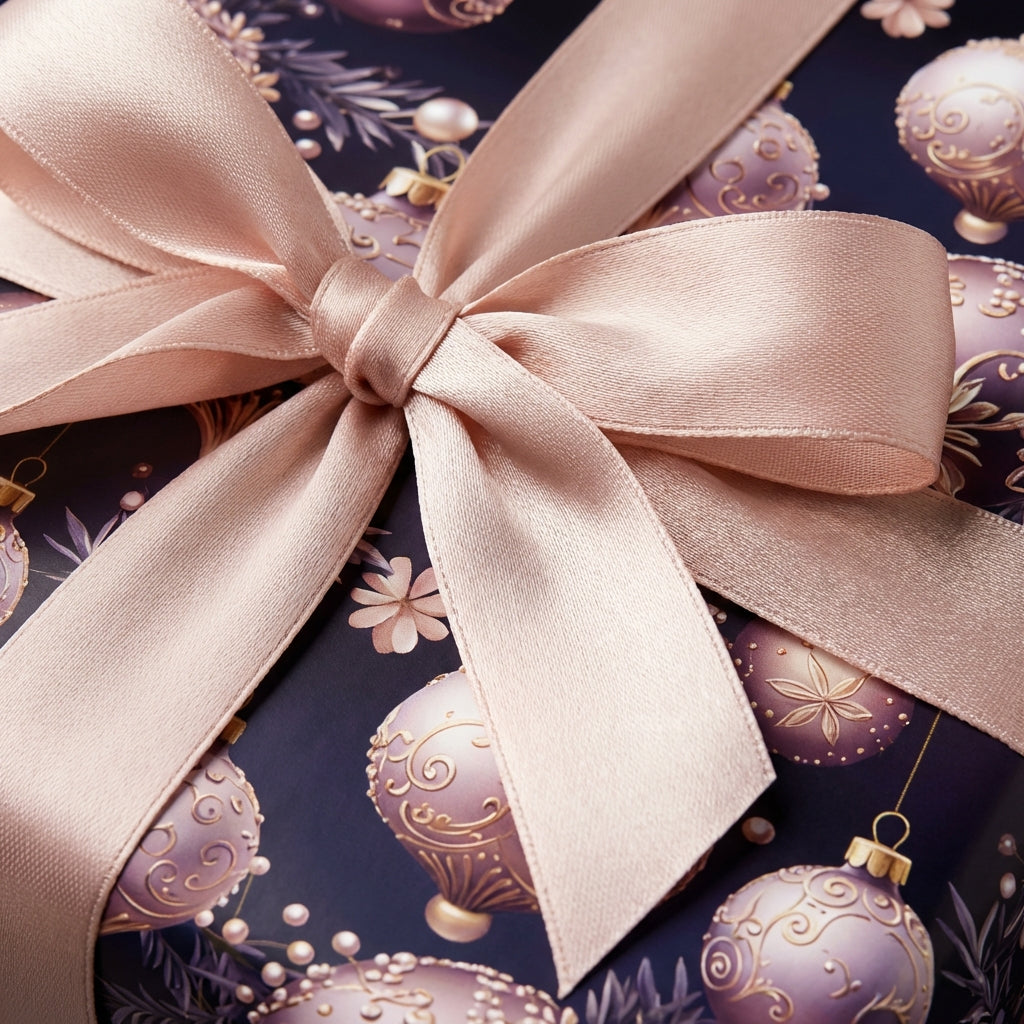 Elegant Christmas gift wrap with mauve ornaments, flowers, and a satin ribbon bow.