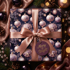 Elegant Christmas gift wrap with ornaments and a copper satin bow.