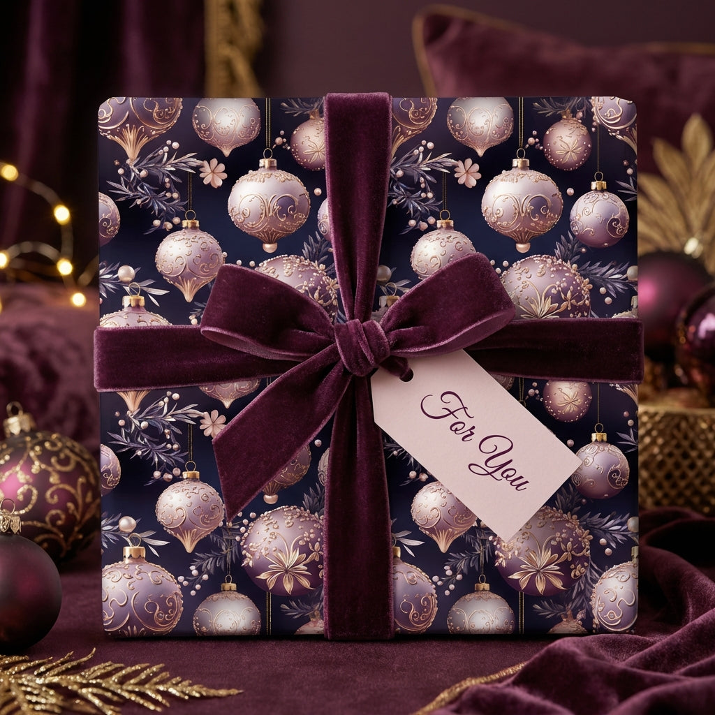 Elegant Christmas gift wrapped in ornament-patterned paper with a velvet purple ribbon.