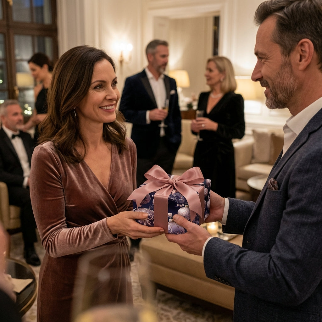 Elegant woman receiving a Christmas gift wrapped in blue and silver luxury gift wrap with a pink bow.