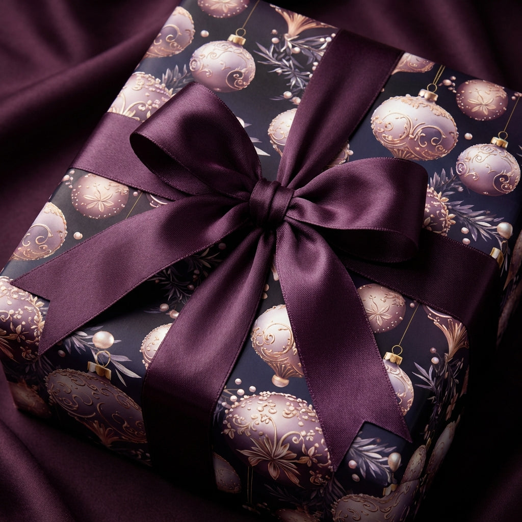 Elegant Christmas gift wrapped in purple ornament patterned paper with satin bow.